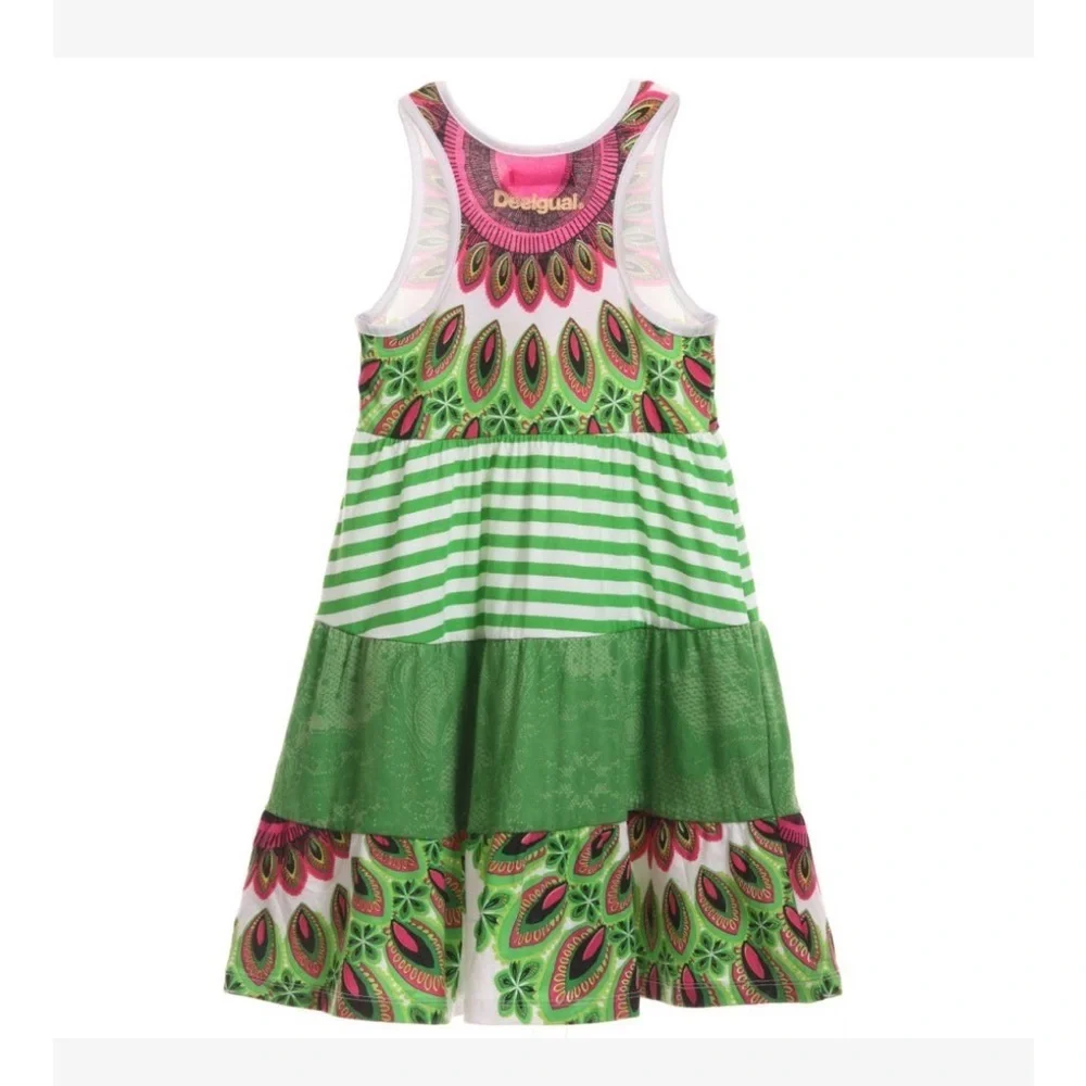 Desigual Girls Cotton Dress with Green and Pink Patterns 11/12
